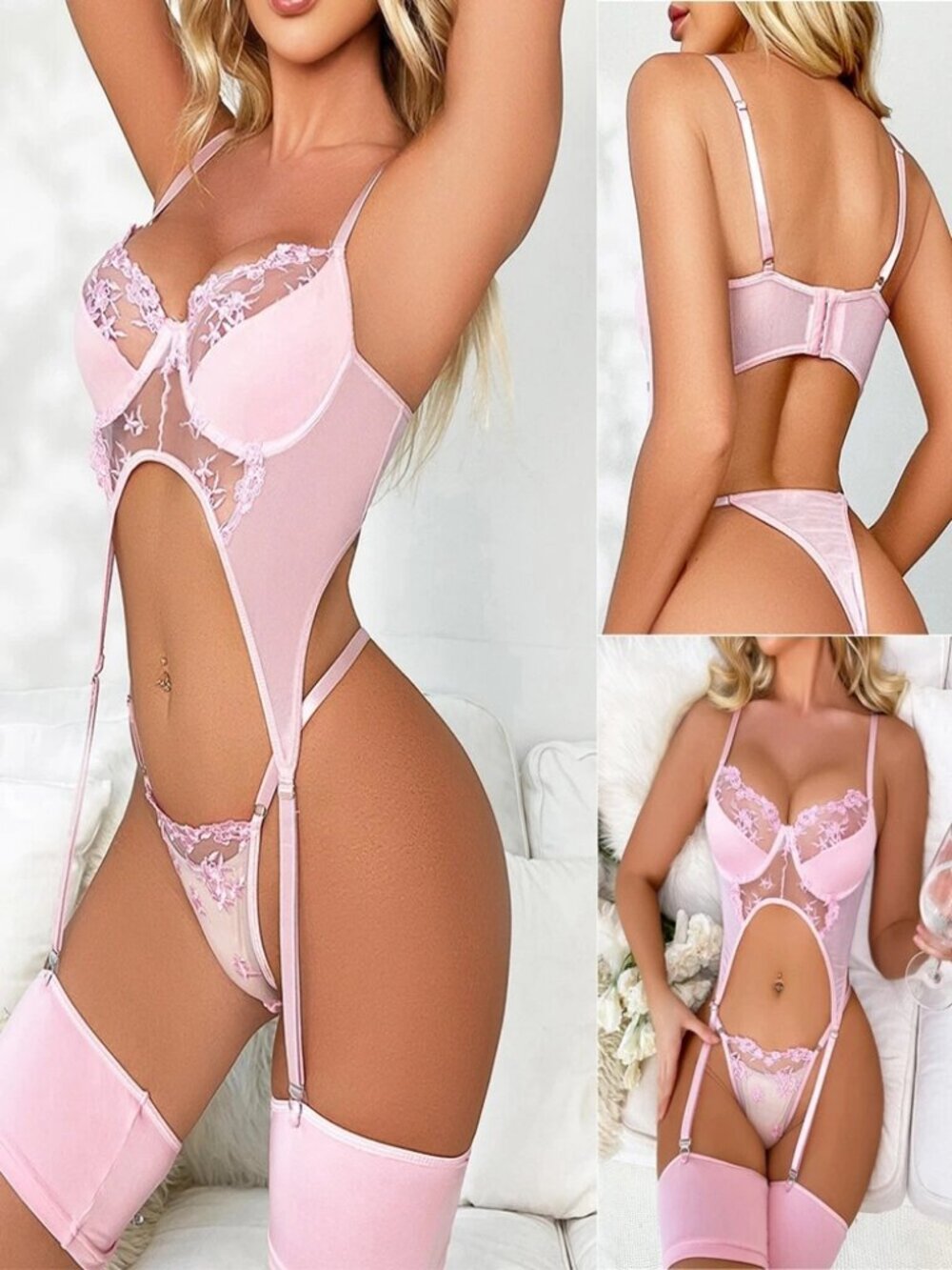 Sexy Bodystocking Bodysuit Womens Underwear Pink Flower Lace Lingerie Set Sissy